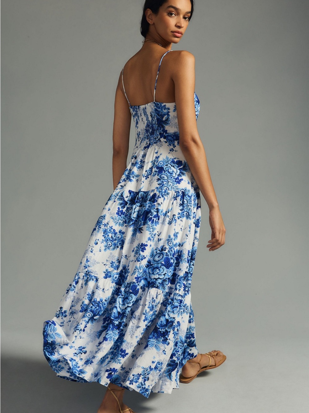 Maeve Anthropologie Blue Floral Drop Waist Maxi Dress XS Linen Blend - Picture 2 of 12